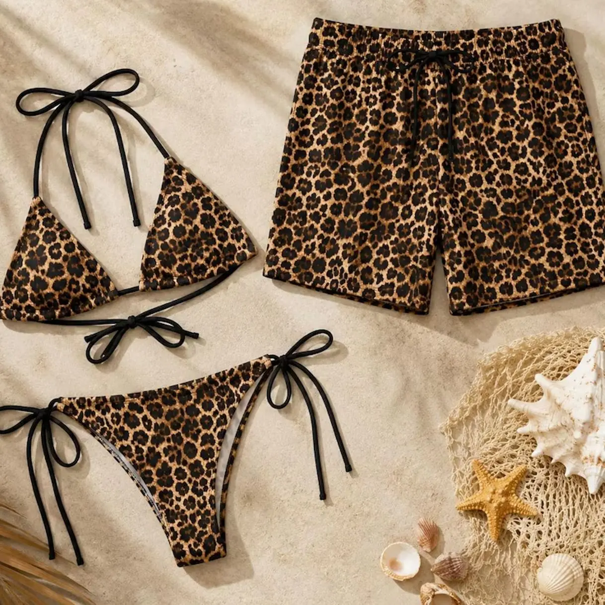 Leopard Matching Swimwear, Couples String Bikini Set, Cheetah Print Bathing Suit, Matching Beachwear Swim Shorts Honeymoon love