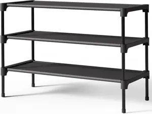 3 Tier Shoe Rack Organizer – 11.7 x 24.5 x 21” Wide Stackable Shoe Shelf for Closet, Entryway & Garage, Non-Woven Storage (Black)
