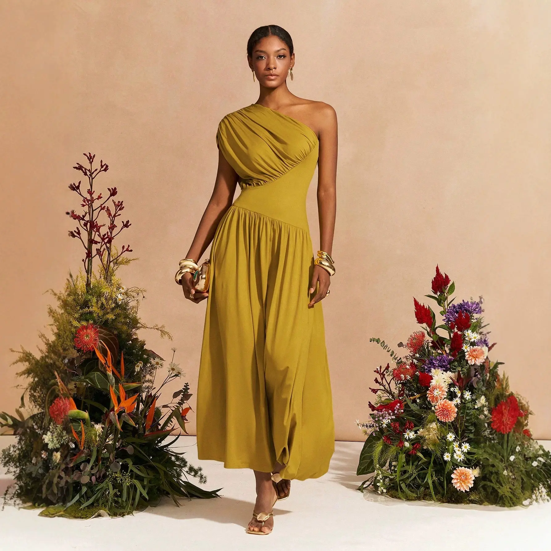 Women's Summer Sleeveless 1-Shoulder Pleated Detail Polyester Blend Tight Fit Elegant Long Dress - Casual Evening, Beach Party Wear