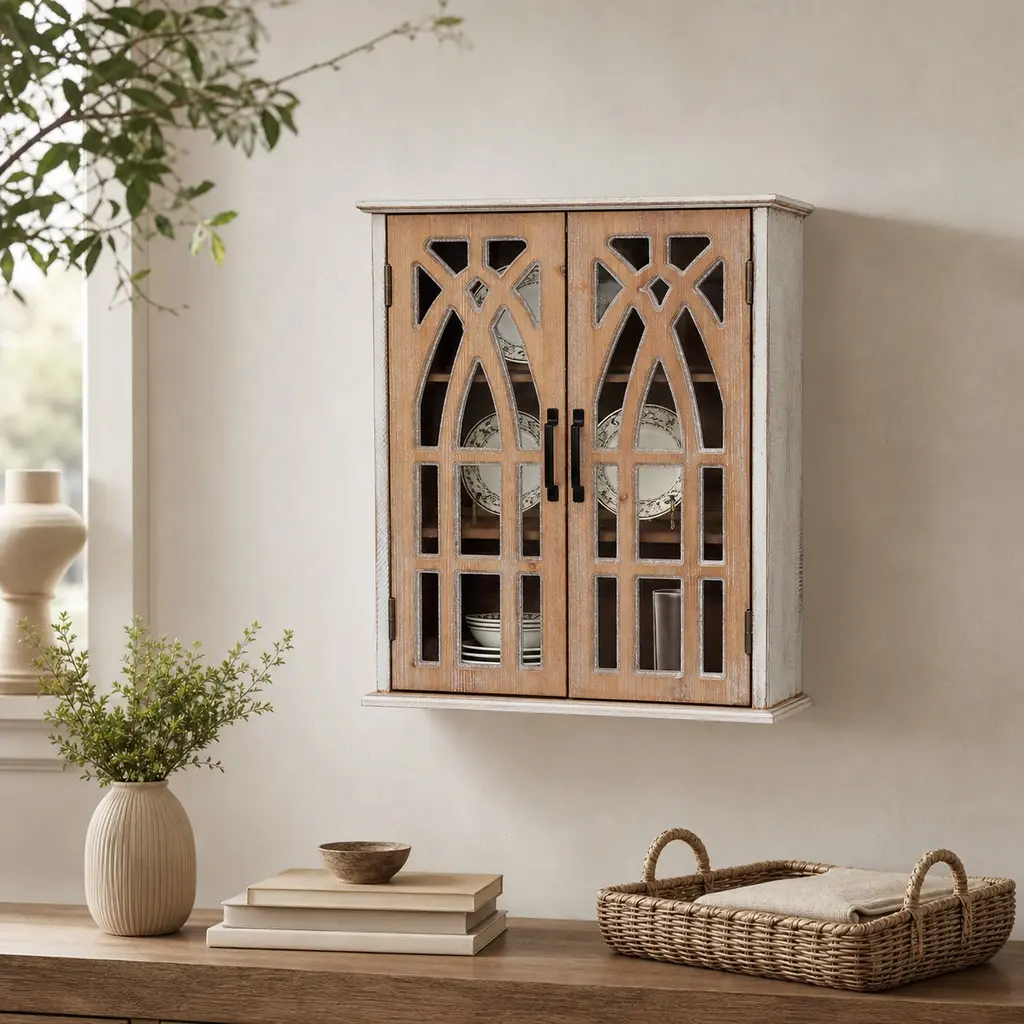 Vintage Wall-Mounted Storage Cabinet with Decorative Cutout Doors, Rustic Wooden Hanging Cupboard for Bathroom, Living Room, Bedroom, Farmhouse Style, Natural Wood and Antique White Finish, 24.61 H x 21.26 W x 8.46 D Inches, Natural/Natural Whit