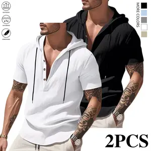 2-pack men’s casual short-sleeve shirts — hooded with drawstring; suitable for casual streetwear, beach, vacations, outdoor activities, everyday wear, and parties; men’s summer clothing,summervibes