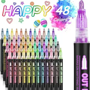 Double Line Outline Marker Pen, 1 Set 8/12/24/36/48 Colors DIY Graffiti Outline Marker Pen, Art Marker Pen for Diary Scrapbook Journal