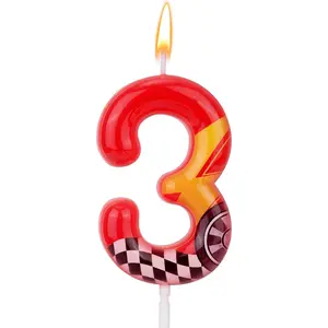 Red Lightning Number 3 Racing Car Themed Birthday Candle Cake Topper for Birthday Anniversary Theme Party Decoration Supplies