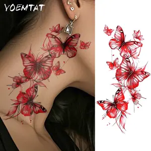Waterproof Temporary Tattoo Sticker Waterproof Realistic Tattoos Red Butterfly Lotus Flower Gift For Beautiful Lady Body Art Arm Fake Tattoos Sleeve For Women Men Neck Shoulders Chest Abdomen Waist Thighs Legs Ankles
