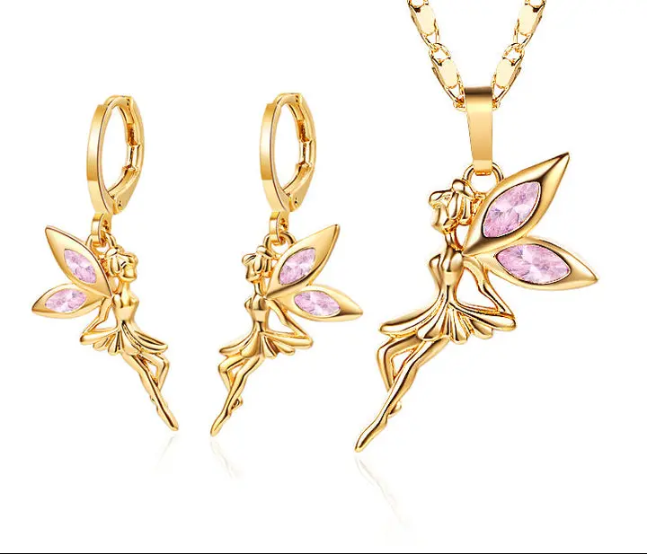 18K Gold Plated Tinkerbell Fairy Angel Necklace & Earrings Jewelry Set