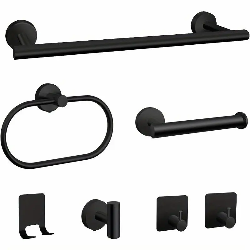 7pcs Bathroom Hardware Set, Matte Black Stainless Steel Bathroom Tower Rack Set Wall Mounted Includes 16" Towel Bar, Toilet Towel Paper Holder, Towel Ring, 4 Robe Towel Hooks