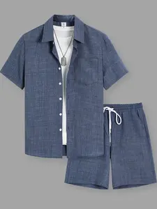 Two-piece Set Men's Solid Shirt & Drawstring Waist Shorts Set, Regular Fit Casual Short Sleeve Top & Shorts, Men's Summer Clothes, Casual Matching Set