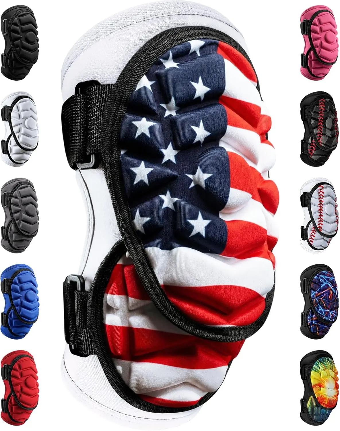 Exxact Sports Defender Plus Elbow Guard - Elbow Pad with USA Flag Design, Breathable Arm Brace, Adjustable Straps, Advanced Impact Protection for Youth Softball & Baseball Batters, Baseball Players, Patriotic, Eva Hit Cushion, Enhanced Impact Protection,,