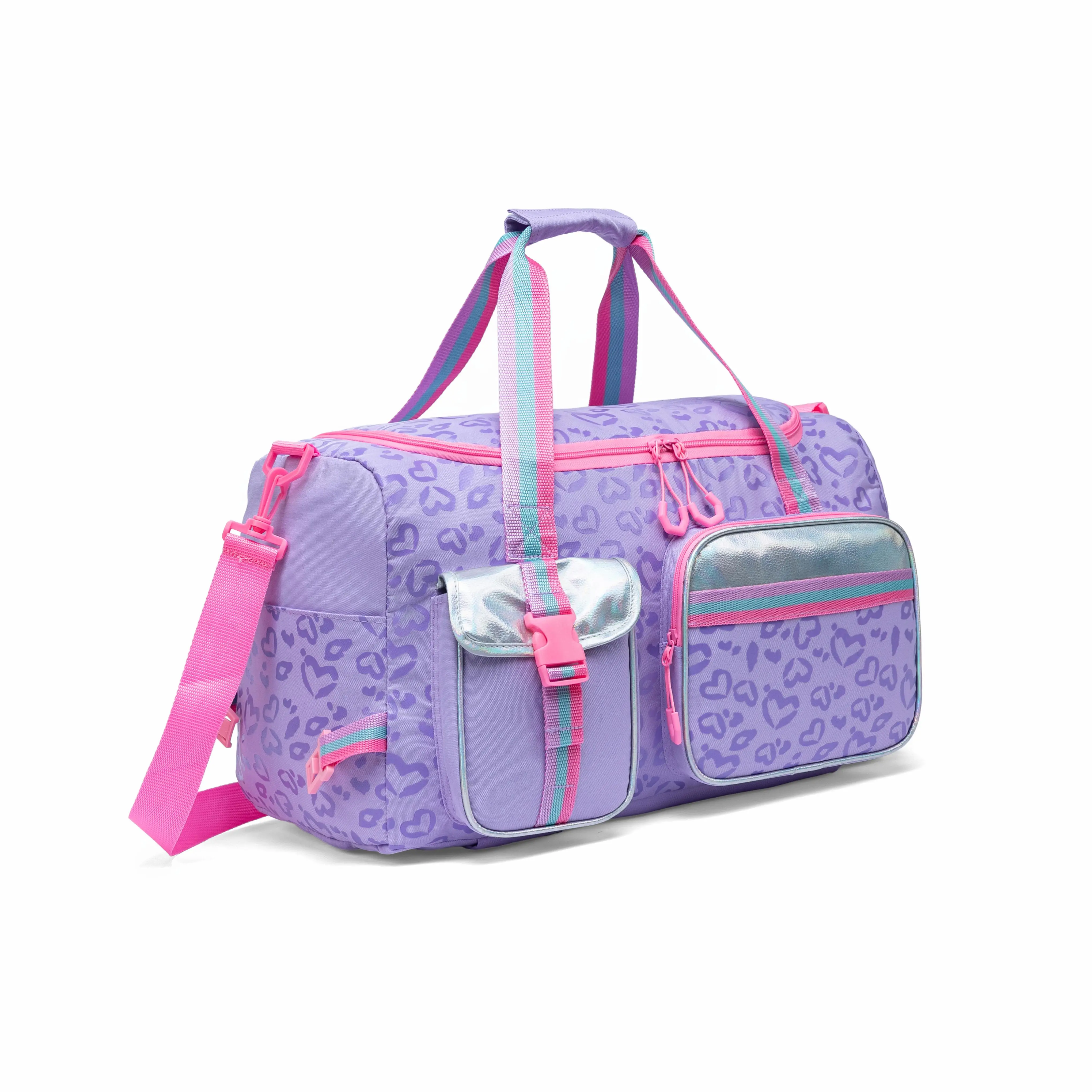 Purple Heart Print Duffle Bag Set for Girls – 2 Piece Kids Travel Bag with Clear Pouch – Cute Duffel for Sleepovers, Sports & School carry luggage road trip