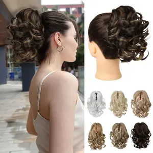 9" Short Ponytail Extension, Classic Loose Curly Wavy Claw Clip Pony tails Hair Extensions HP001 Hairpieces for Women - Dark Brown with Highlights