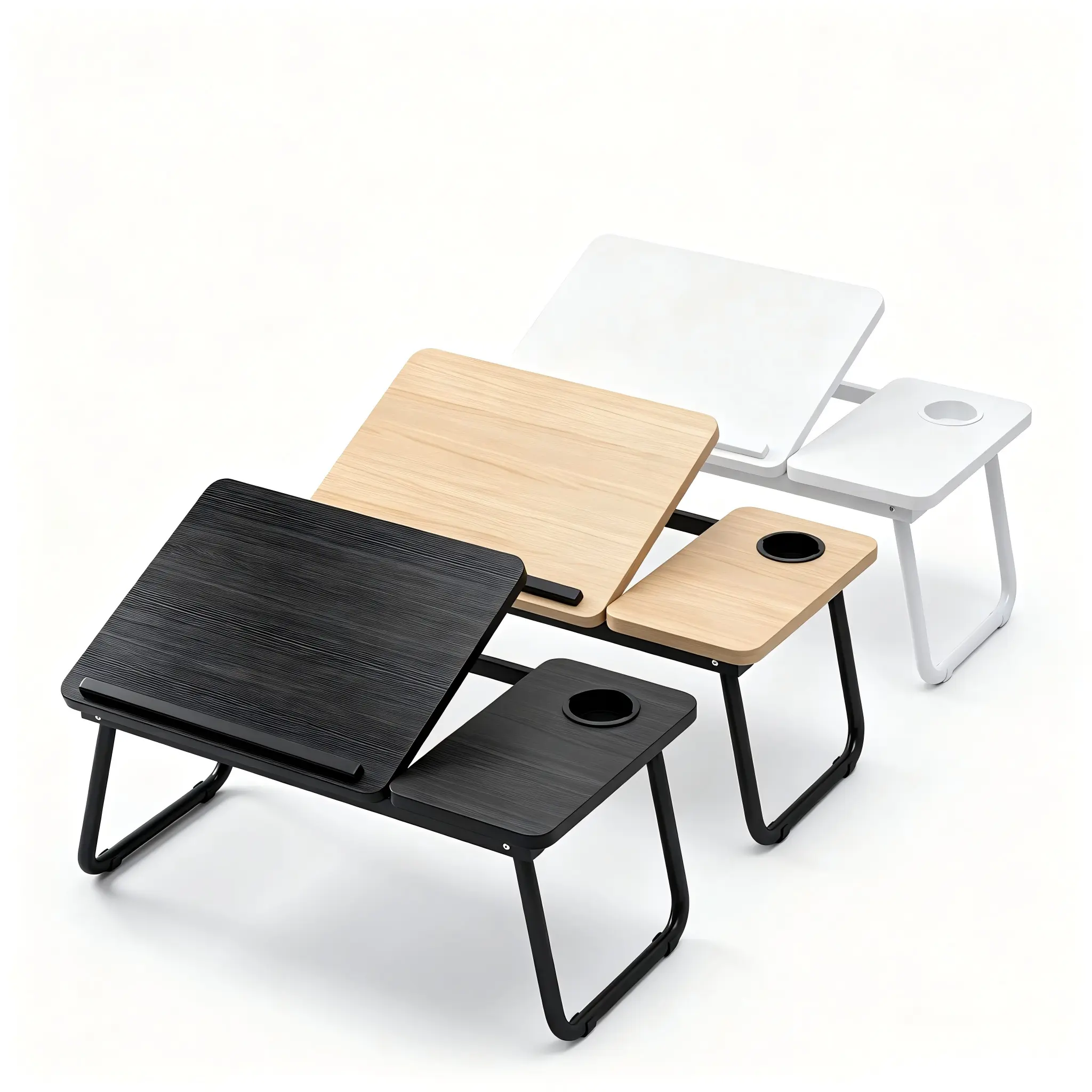 Adjustable Foldable Laptop Bed Tray Table with Cup Holder, Portable Multi-Angle Tilting Bed Desk for Reading, Writing, Gaming, Breakfast in Bed,  Black / Light Wood / White