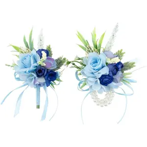 2 Pcs Blue Wrist Corsage and Boutonniere Set, Artificial Rose Flower Wristlet Bracelet for Wedding, Boutonniere for Men Suit, Prom Ceremony Anniversary Accessories Decor