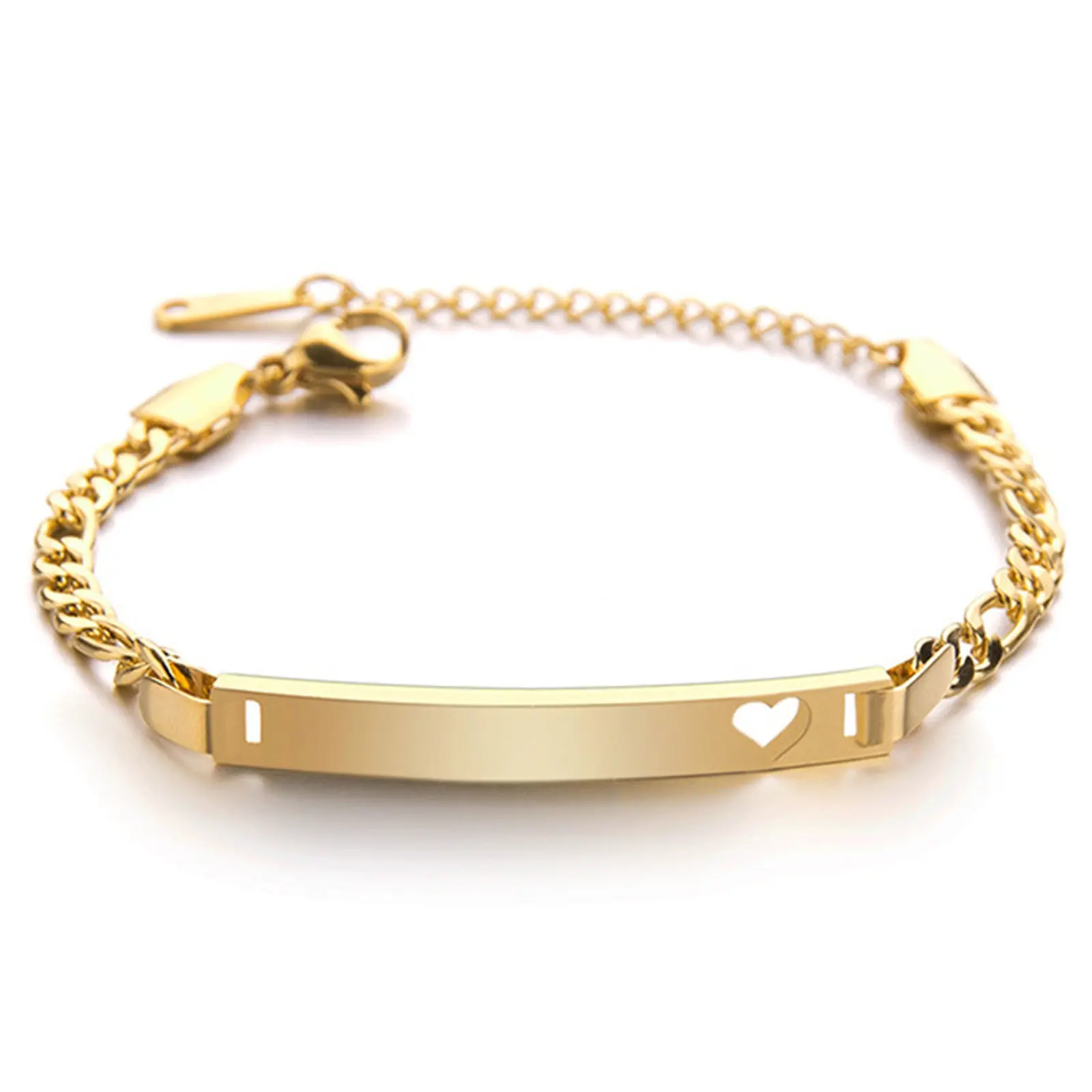 OIDEA Engravable Heart Tag Figaro Chain Stainless Steel Bracelet Wristband - Personalized Smooth High-Polish Curved ID Tag, Extensible Length, Slim Profile, Unisex Sentimental Everyday Wear Jewelry Gift, Smooth High-Polish Tag