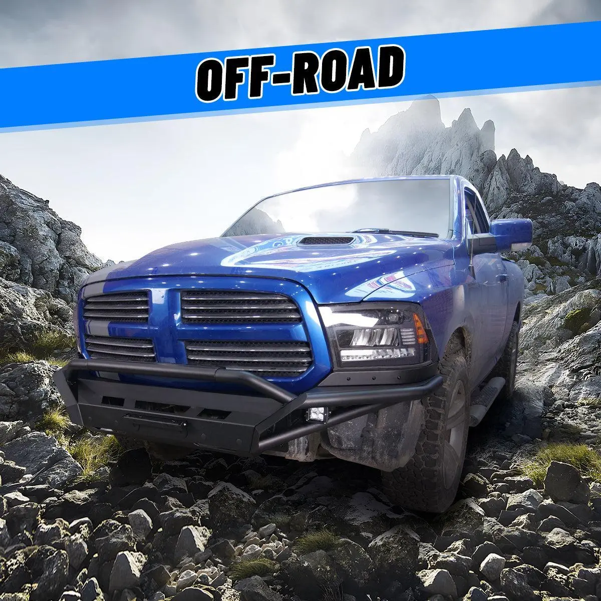 WOLFSTORM Heavy-Duty Steel Front Bumper, Custom Fit for 2013-2024 Dodge RAM 1500 & 2019-2024 RAM 1500 Classic Off-Road Pickup Truck, Includes Bull Bar, Skid Plate, 2 Side Wings, Bolt-On Install