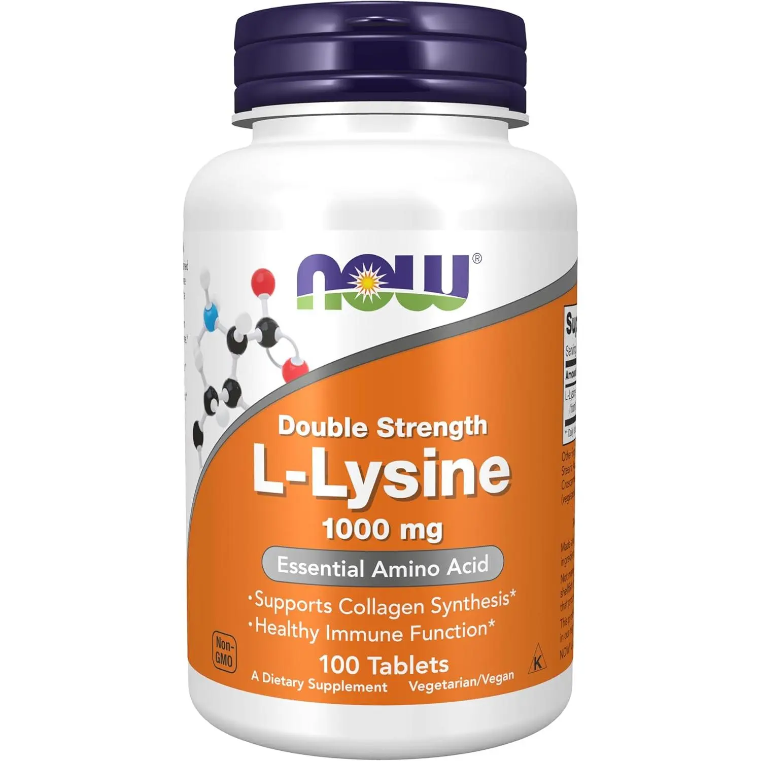 NOW Foods L-Lysine Hydrochloride Dietary Supplement - 1000mg Double Strength Amino Acid, Unscented, Dairy-Free, Vegetarian, Vegan Kosher, Supports Collagen Synthesis & Immune Health, Protein Support, 100 Tablets, Adults