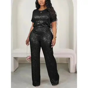 Casual Sequined Short-sleeve T-shirt And Pants Set, Shimmering Sequin Two-piece Set - Casual Chic Solid Color Qutfit - Short Sleeve CrewNeck Top With Skinny High Waist Pants For Women 2pcs Sequin Casual Short SleevedT-Shirt And Straight Pant Set