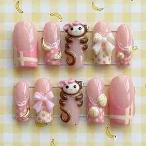 Kawaii Monkey Press On Nails, Pink Polka Dot Nails, Cute Cartoon Nails, Y2K Aesthetic Nails, Handmade Gel Nails, Reusable Nail Set