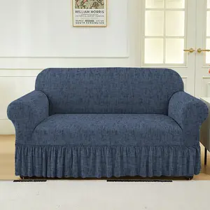 Modern Deep Blue Bohemian Style Stretch Sofa Cover, Elastic Band Closure, Pet Friendly, Polyester Blend, Fits Various Sizes