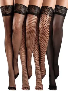 4 Pairs of Women's Silicone Lace Top Fishnet Thigh High Stockings: Sheer, Silky Over - Knee Legwear