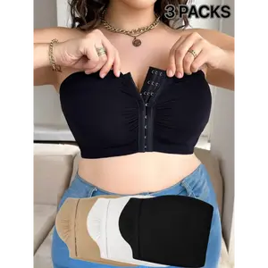 [Plus Size Strapless Bandeau Bra] 3pcs Plus High-Elasticity Bras - Soft, Comfortable, Full Coverage Front Closure, No Underwire, Seamless Design in Black, Beige, and White Fabric Spandex Womenswear Nylon Basic Black+White+Beige Everyday Minimalist