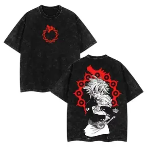Men's Oversized Y2K Acid-Washed Cotton Sports T-Shirt - Meliodas The 7 Deadly Sins Anime Graphic, Whimsical Art, Anime Figure & Figure Design for Fans