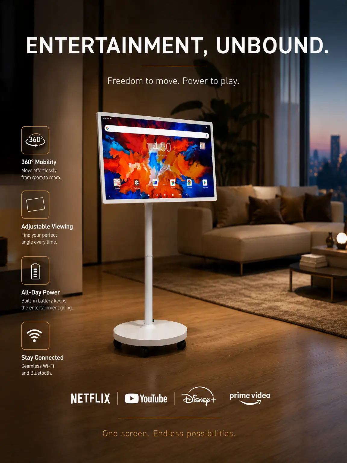【Back to School】27-Inch Portable Smart TV on Wheels, Android 14 Touchscreen - 1080P HD, 8G RAM, 128G, 6-8H Built-in Battery, 180° Swivel Rolling Stand, Home Gadgets for Kitchen & Living Room Entertainment