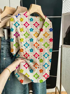 Women's Geometric Colorblock Print Short Sleeve Knit Cardigan, Casual Elegant Vacation Style Sweater, V Neck Loose Button Front, Spring Summer Fall, Fitted, Womenswear, Knitwear