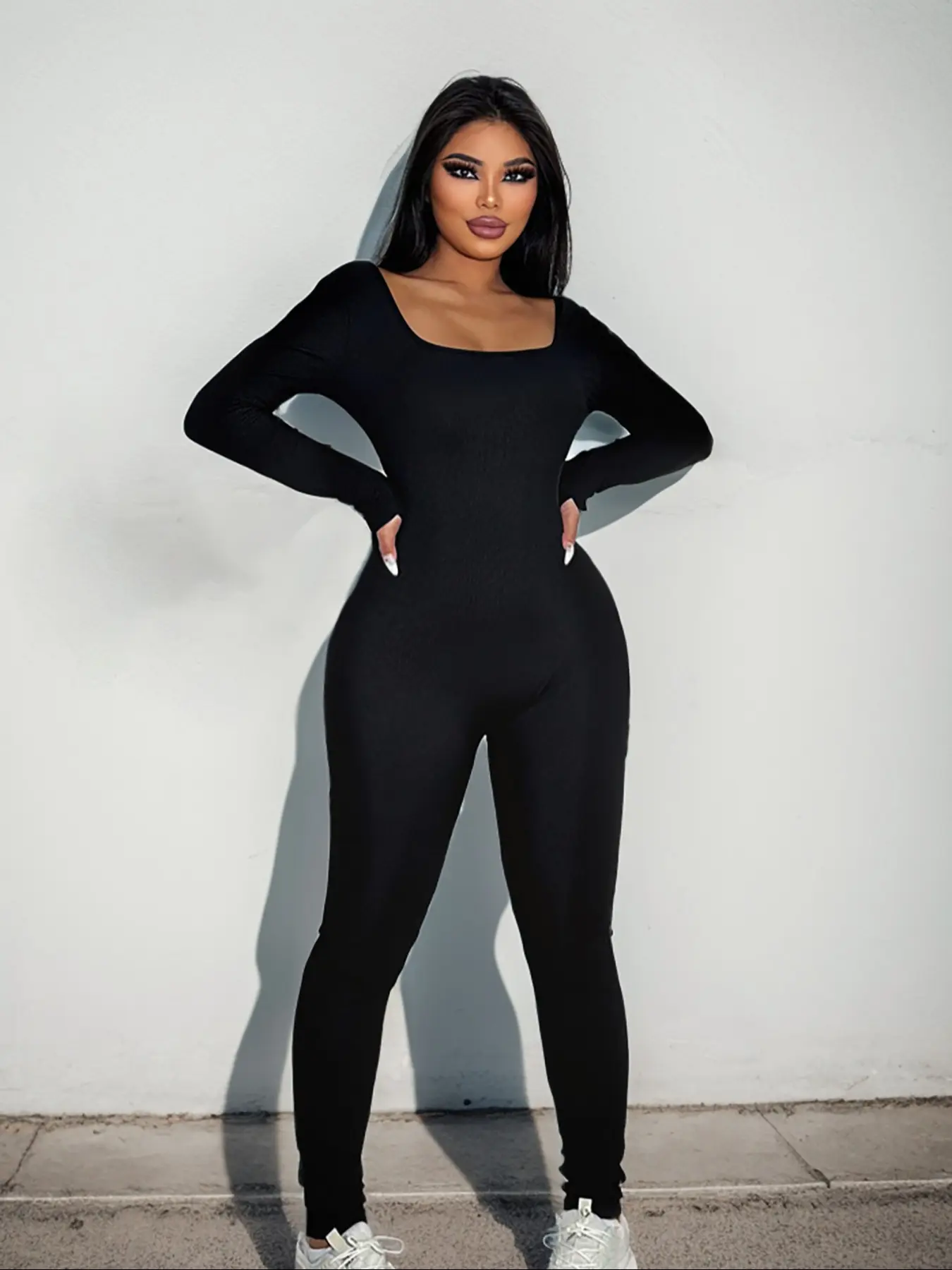 Women's Long Sleeve High Elasticity One-Piece, Outdoor Sports Golf Tennis Running Fitness Yoga Jumpsuit, Fashion Sportswear, Skinny Fit Jumpsuit, Solid Jumpsuits