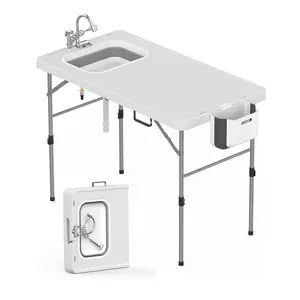 Folding Fish Cleaning Table with Sink, Portable Camping Sink Table with Faucet Drainage Hose & Sprayer, Outdoor Fillet Fish Cleaning Station for Picnic, Beach, Dock, Patio, Backyard, BBQ