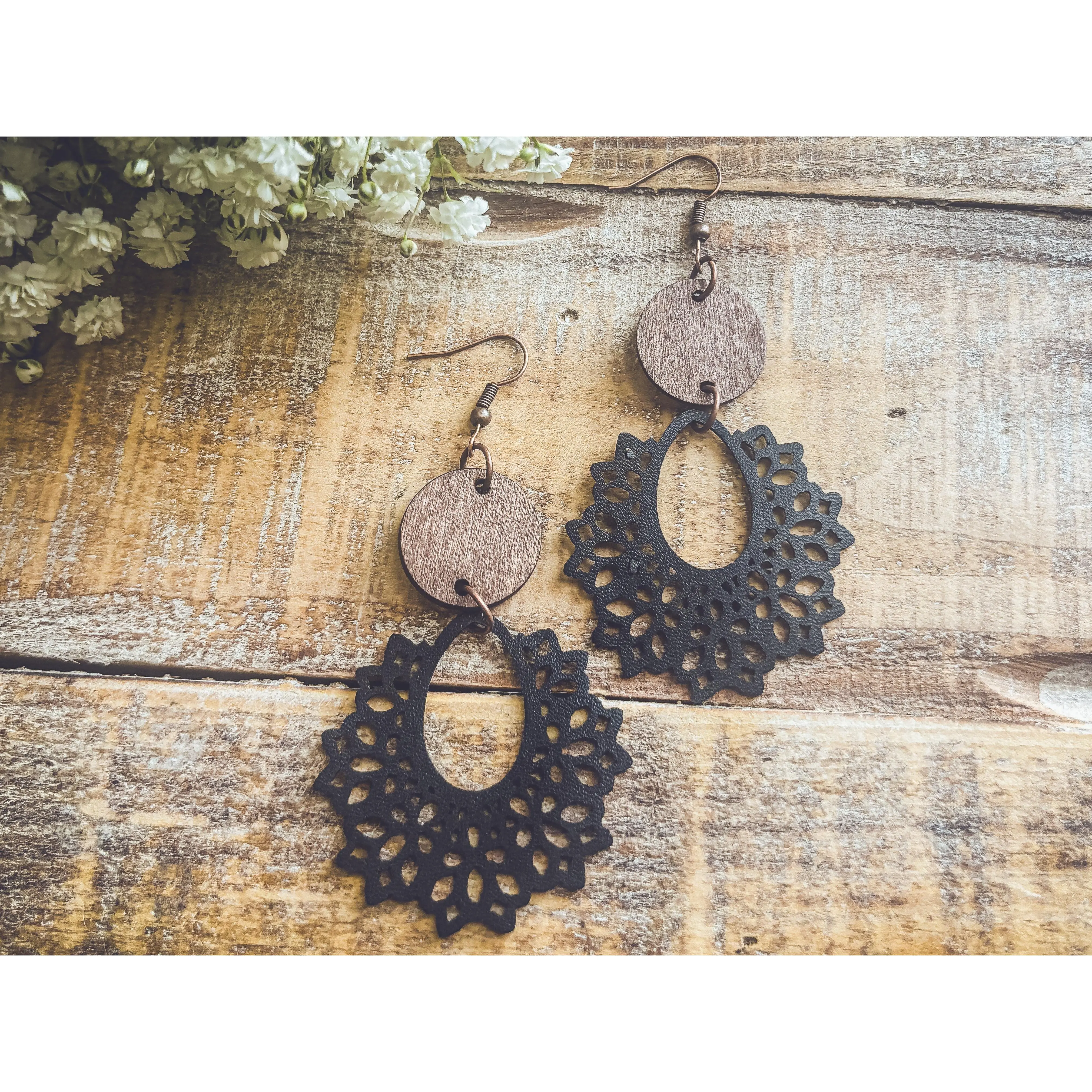 Beautiful Black Leather and Wood Earrings
