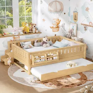 ARCH Queen Size Child Design Kids Loft Bed - Light Natural Pine Wood Frame, Built-in Bookshelves, Staircase, Safety Rails, Trundle, Sturdy MDF & Plywood Construction, Space-Saving Multifunctional Children's Bedroom Furniture, Child Design Beds