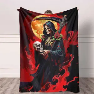 Grim Reaper Flannel Blanket Skull and Roses Print UltraSoft Warm Lightweight Perfect for Halloween Decor Gothic Home Decor Spooky Season Snuggles or a Unique Gift for Horror Movie Fans.