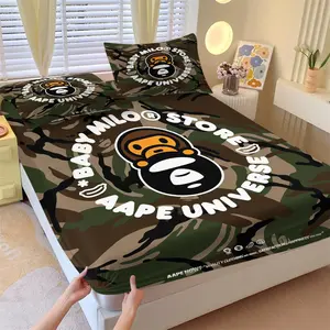 BAPE Baby Milo Camouflage Universe Fitted Sheet Set, Soft Bedding Sheet, 1 Fitted Sheet and 2 Pillowcases, Classic Green Camo, Cartoon Monkey & Fashion Brand Logo, Soft Anti-Slip Wrinkle-Resistant, Trendy Bedroom Decor for Fans