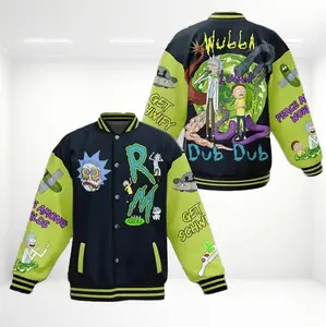 Rickk and Mortyy Varsity Baseball Jacket, Cartoon Streetwear Bomber, Oversized Vintage College Style Outerwear for Men_TVHN | 010125.R0006.ID00