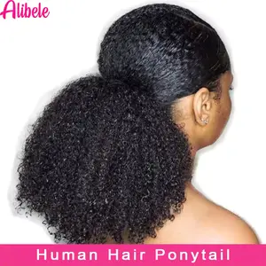 Alibele Mogolian Afro Kinky Curly Drawstring Ponytail Human Hair Extensions 4B 4C Remy  Long Clip In Ponytail Extension