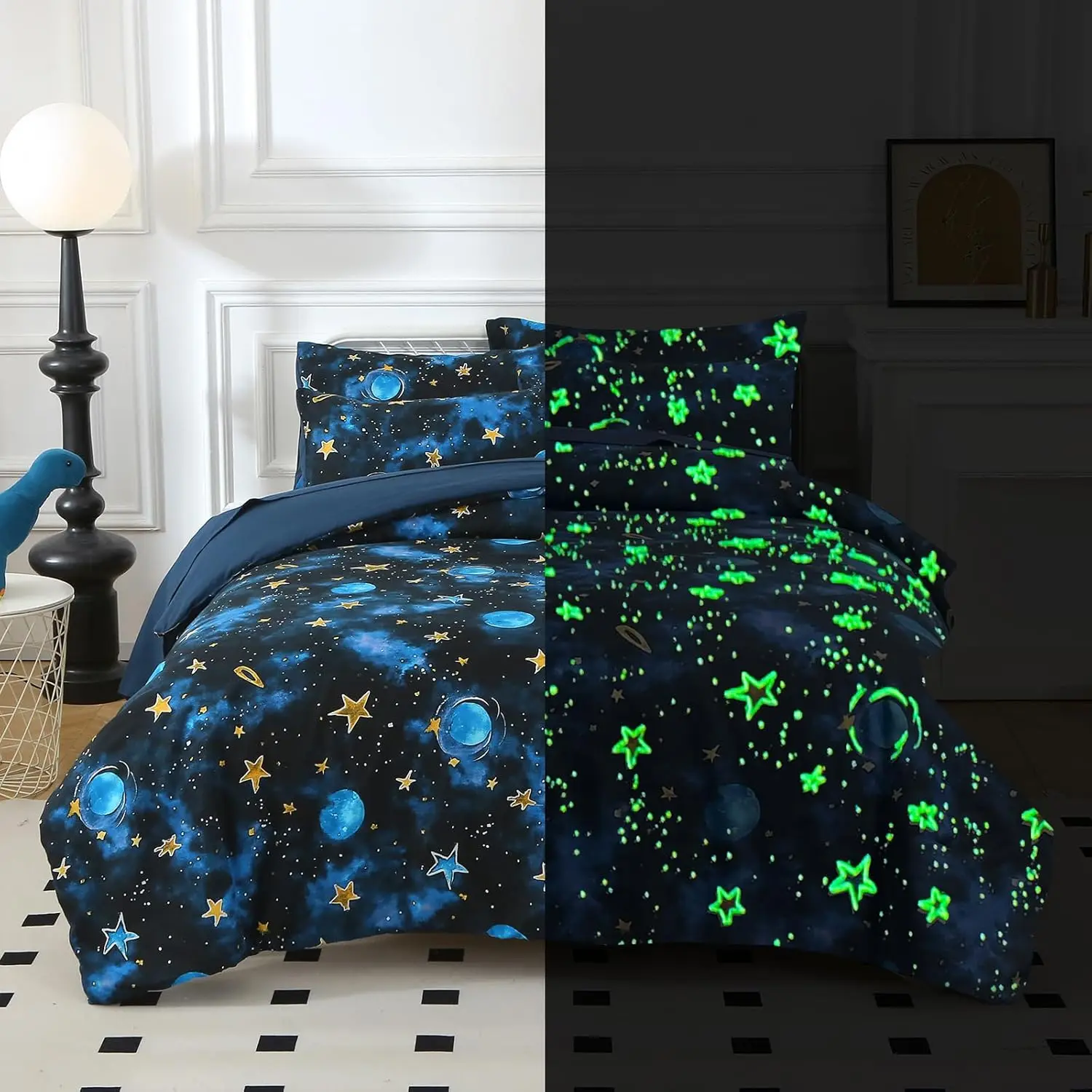 Glow in The Dark Kids Comforter Set, 5 Pieces Blue Space Bedding Set Twin Size for Boys Girls Teen, 1 Comforter, 1 Pillowcase, 1 Pillow Sham, 1 Flat Sheet,