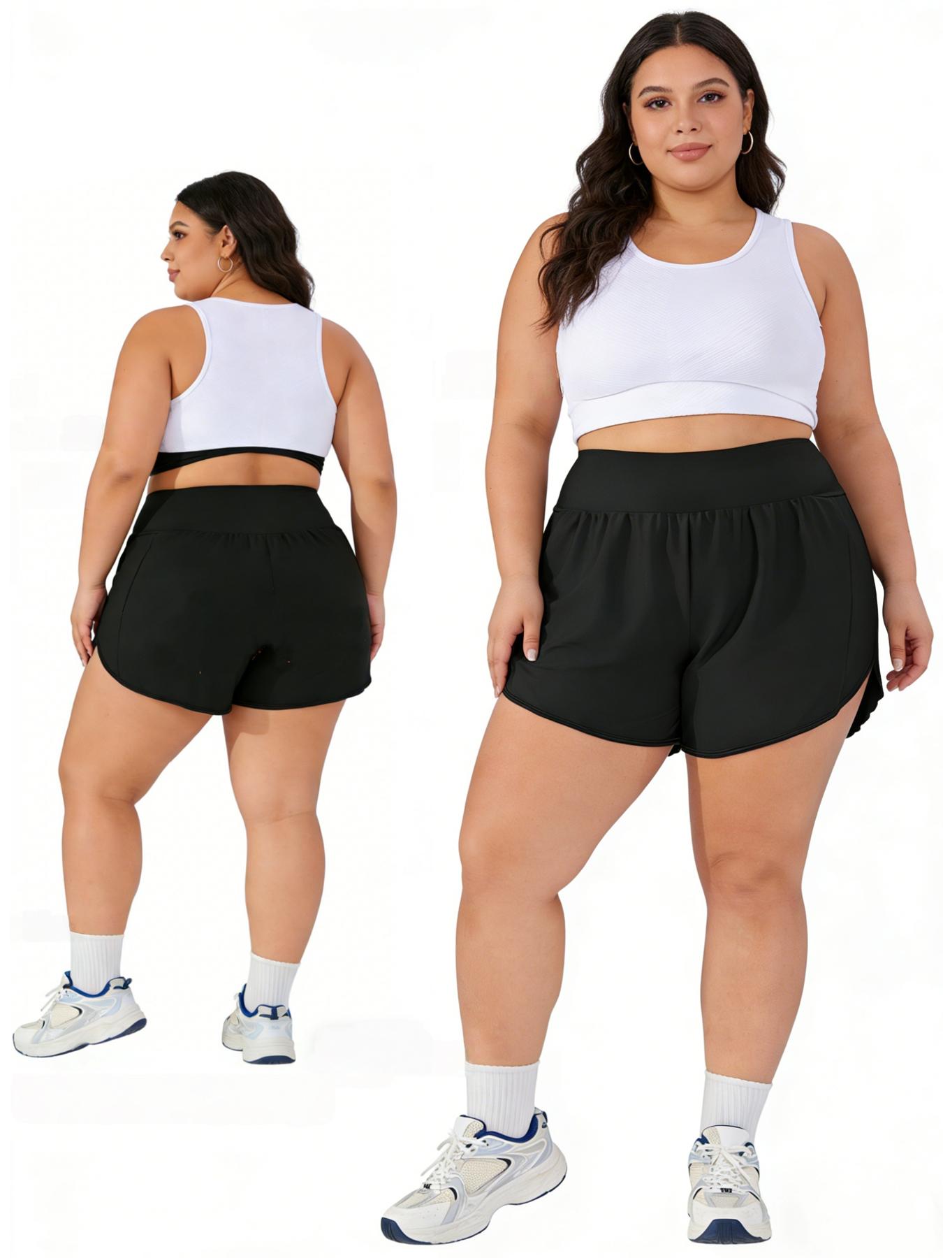 Black Solid Color Women's  Safety Panty Design, Anti-See-Through, Women's High-Waist Casual Skirt Stretchy Fitted Skirt Pants, Solid Color Versatile Skirt Pants, Plus Size Women'S Waist-Cinching Double-Slit Sports Skirt Pants