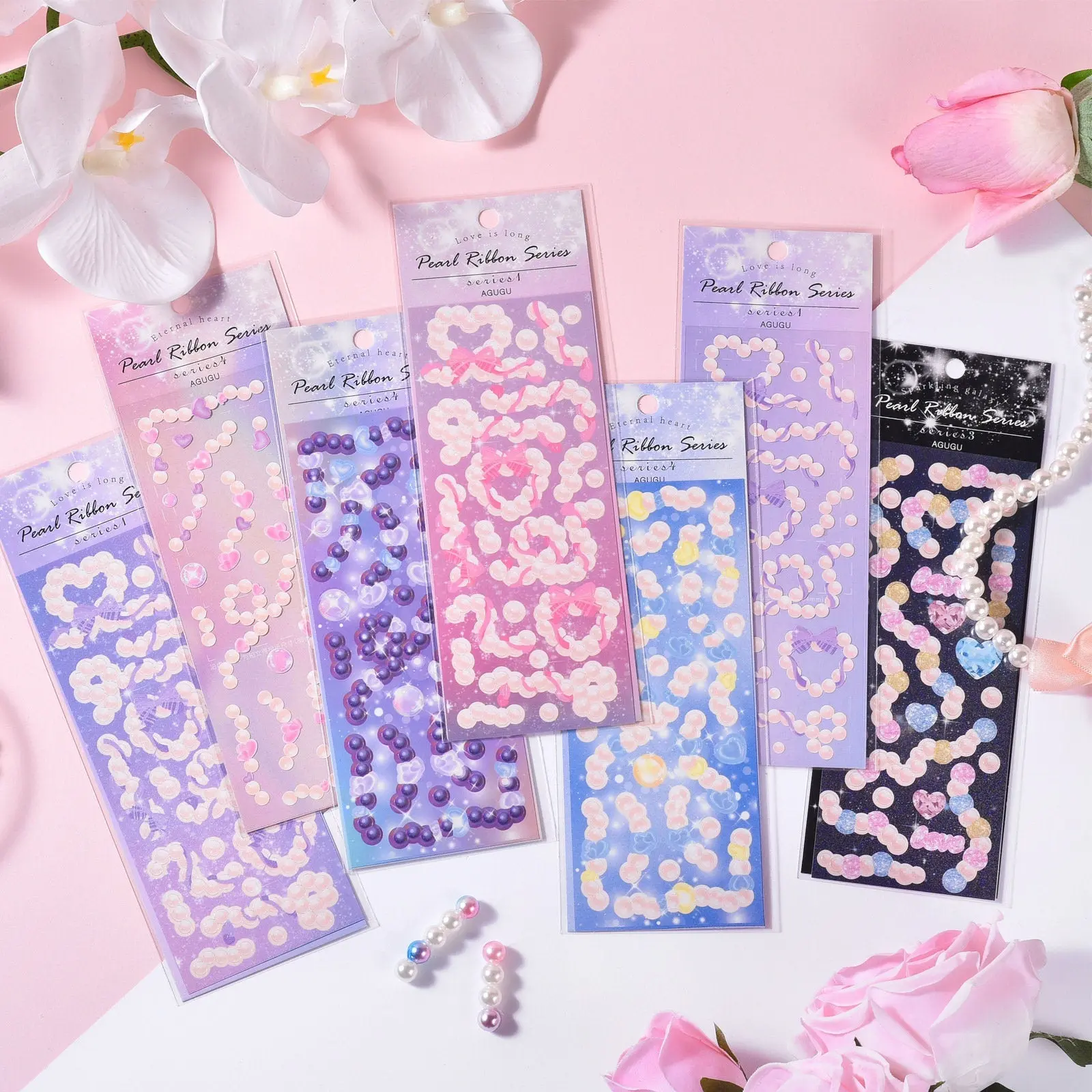Pearl Ribbon Sticker - Assorted Designs Featuring Floral and Geometric Patterns, Perfect for Personalizing Gifts and Decor