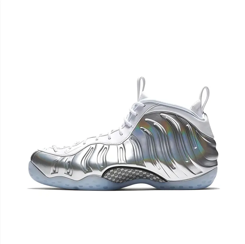 Holographic Silver Foam Mid Top Basketball Sneakers, Iridescent Shimmer Shell, Translucent Ice Blue Outsole