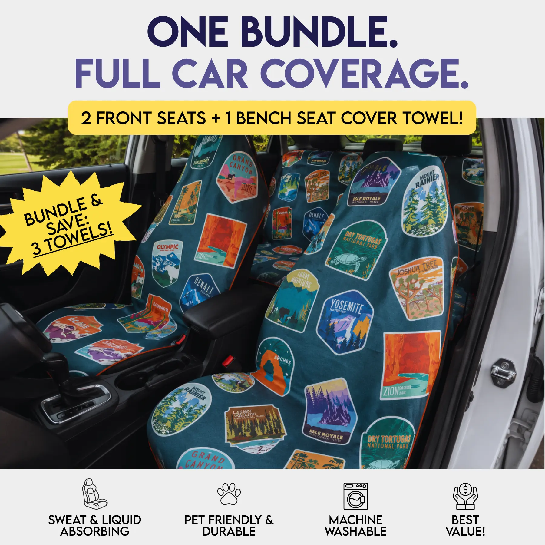 SET OF 3: National Parks Car Seat Cover Towels! (2) Front Seat covers, (1) Back Bench cover