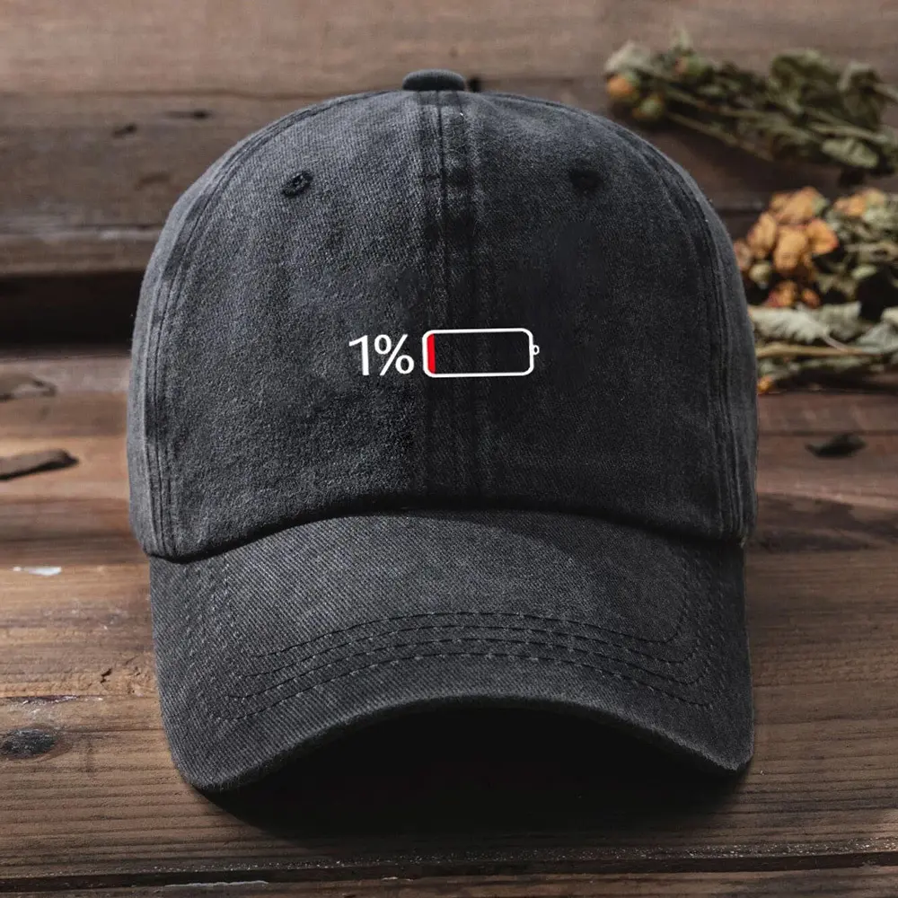 Unisex Washed Cotton Baseball Cap with 1% Battery Graphic, Adjustable Dad Hat for Casual Daily Wear, Adjustable Snapback Cap, Print