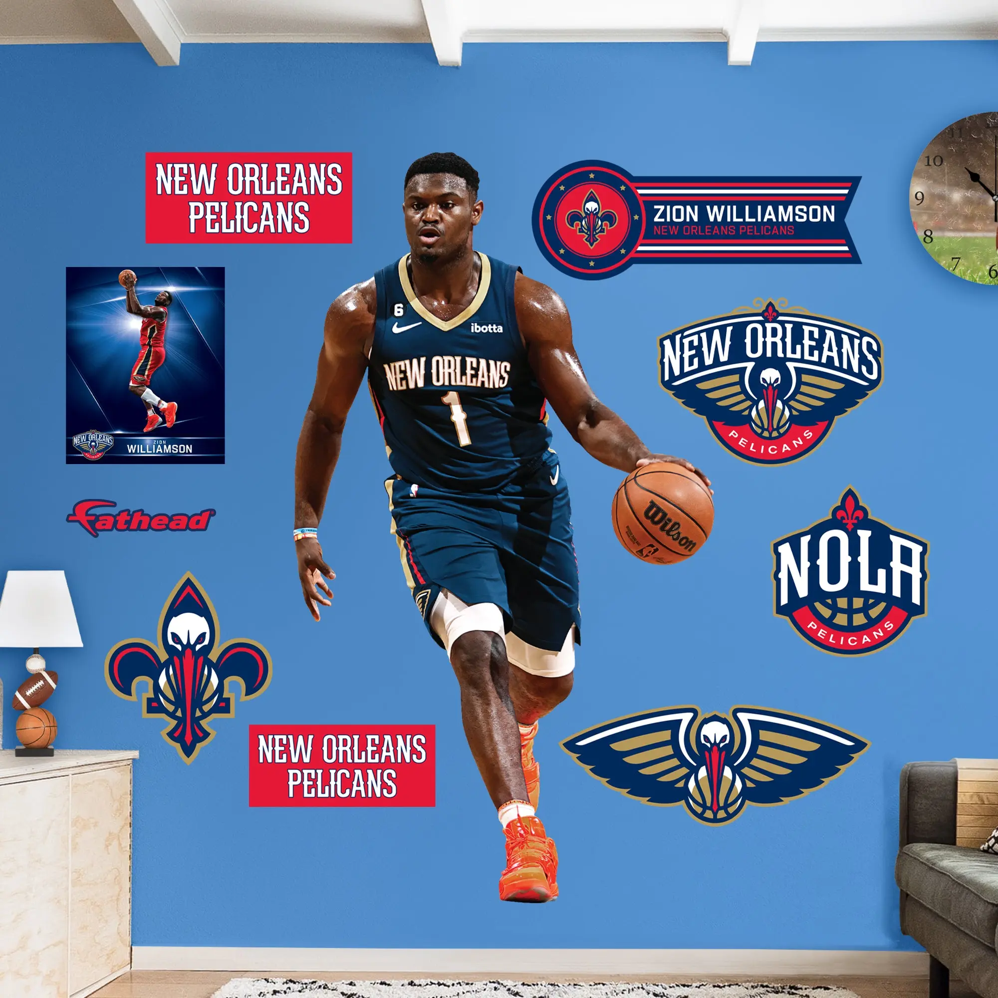 Official NBA New Orleans Pelicans Zion Williamson #2 Colorful Decorative Reusable Vinyl Removable Wall Stickers - RealBig Collection, Cool Room Wall Decor for Home