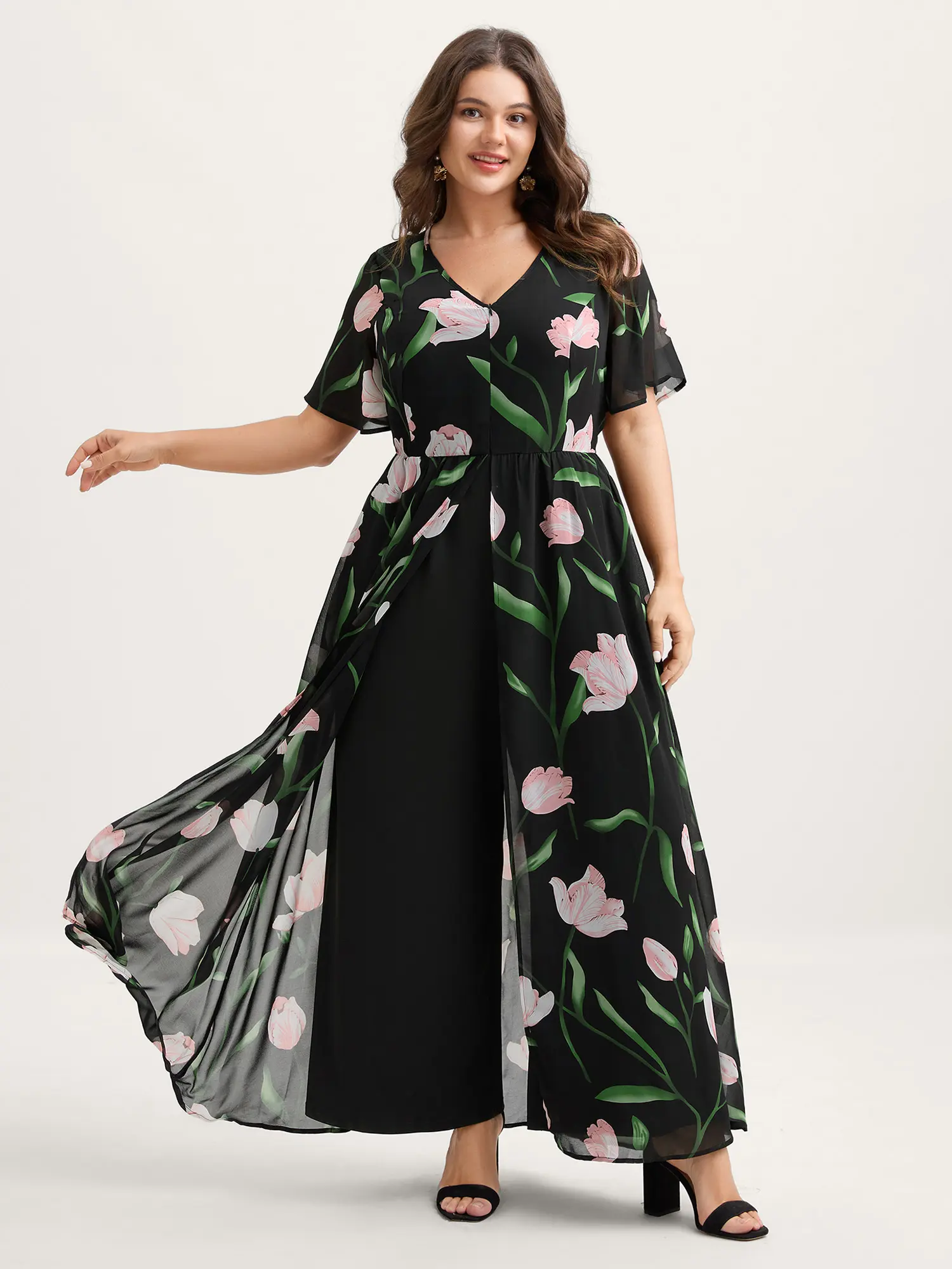 BloomChic Plus Size Boho Floral Jumpsuit, Tie-Front V-Neck Wide Leg Polyester Blend Summer Outfit for a Curvy Fit with Pockets