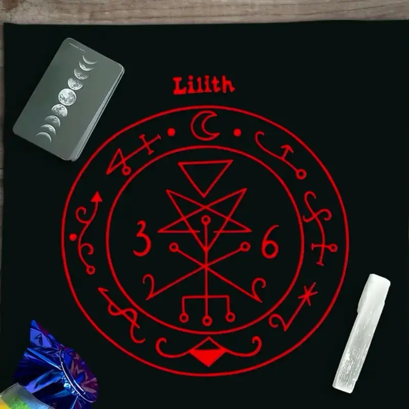 Lilith Sigil Altar Cloth, Polyester Ritual Tablecloth, Features Red Design with Circular Elements, Suitable for Tarot Reading