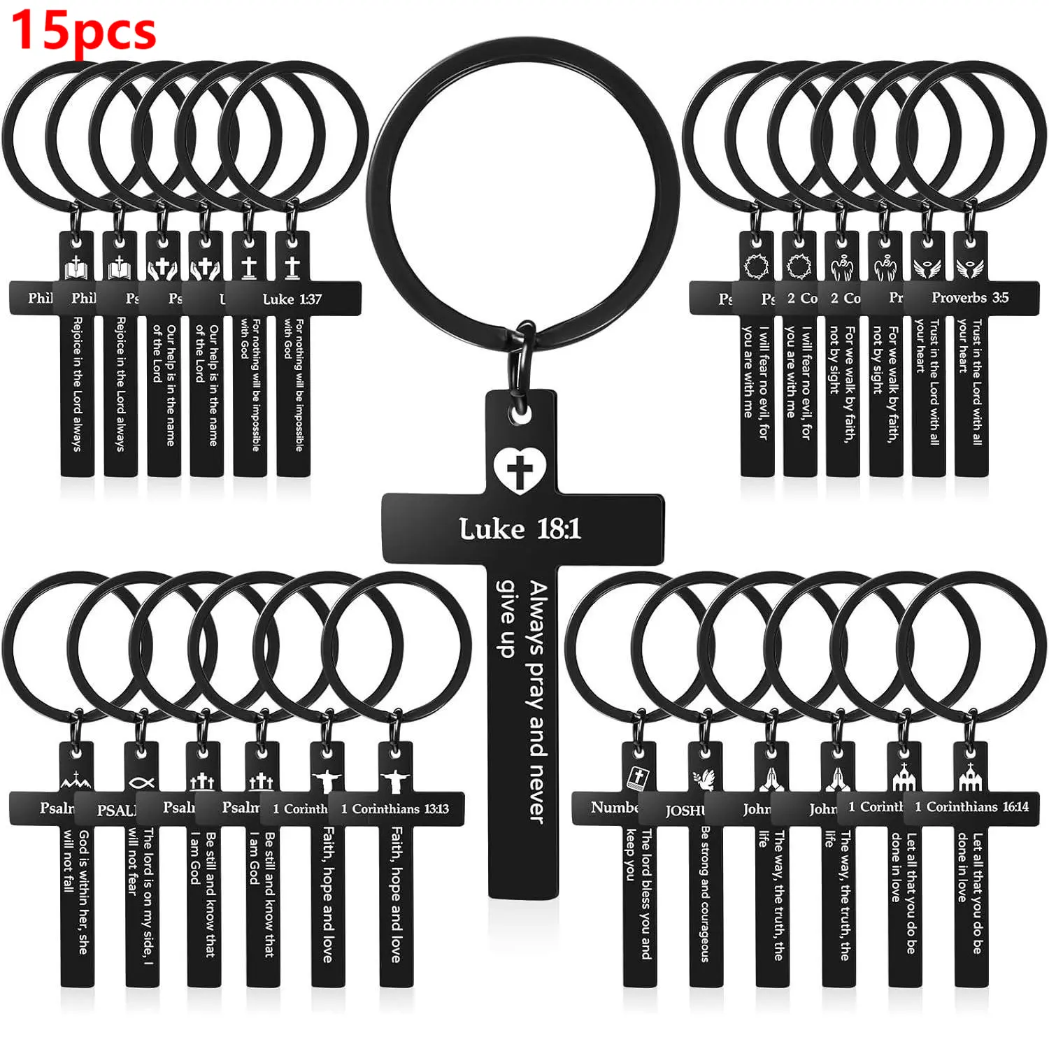 LINNO 15pcs Christian Cross Keychain Accessory - Stainless Steel Bible Verse Key Tag, Zinc Alloy Chain, Religious Inspirational Gift for Faith Enthusiasts
