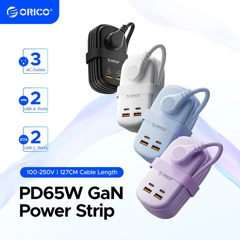 ORICO 65W GaN Travel Power Strip with Flat Plug and 4FT Extension Cord | 7-in-1 Charging Ports (3 AC Outlets/2 USB-A/2 USB-C), Fast Charger for MacBook Pro/Air, iPad Pro, iPhone 17/16/15- AP3