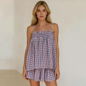 Women's 2 Piece Lounge Outfits Sleeveless Plaid Cami Tank Tops Wide Leg Shorts Sets
