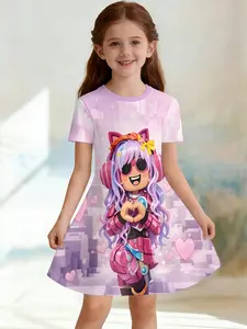 Girls' 3D Short Sleeve Dress, Cyberpunk Roblox Full Print, Round Neck A-Line Summer Dress, Perfect for Parties, Gifts, Birthdays