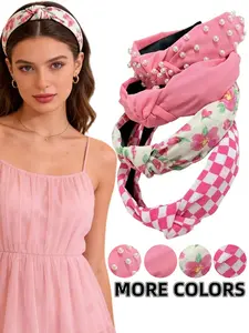 Mother's Day Gift 4pcs Elegant Chic Headbands Faux Pearl Fabric Hairbands, Rose Plaid & Solid Color Floral Print Knotted Headbands, All Seasons Women's Fashion Hair Accessories