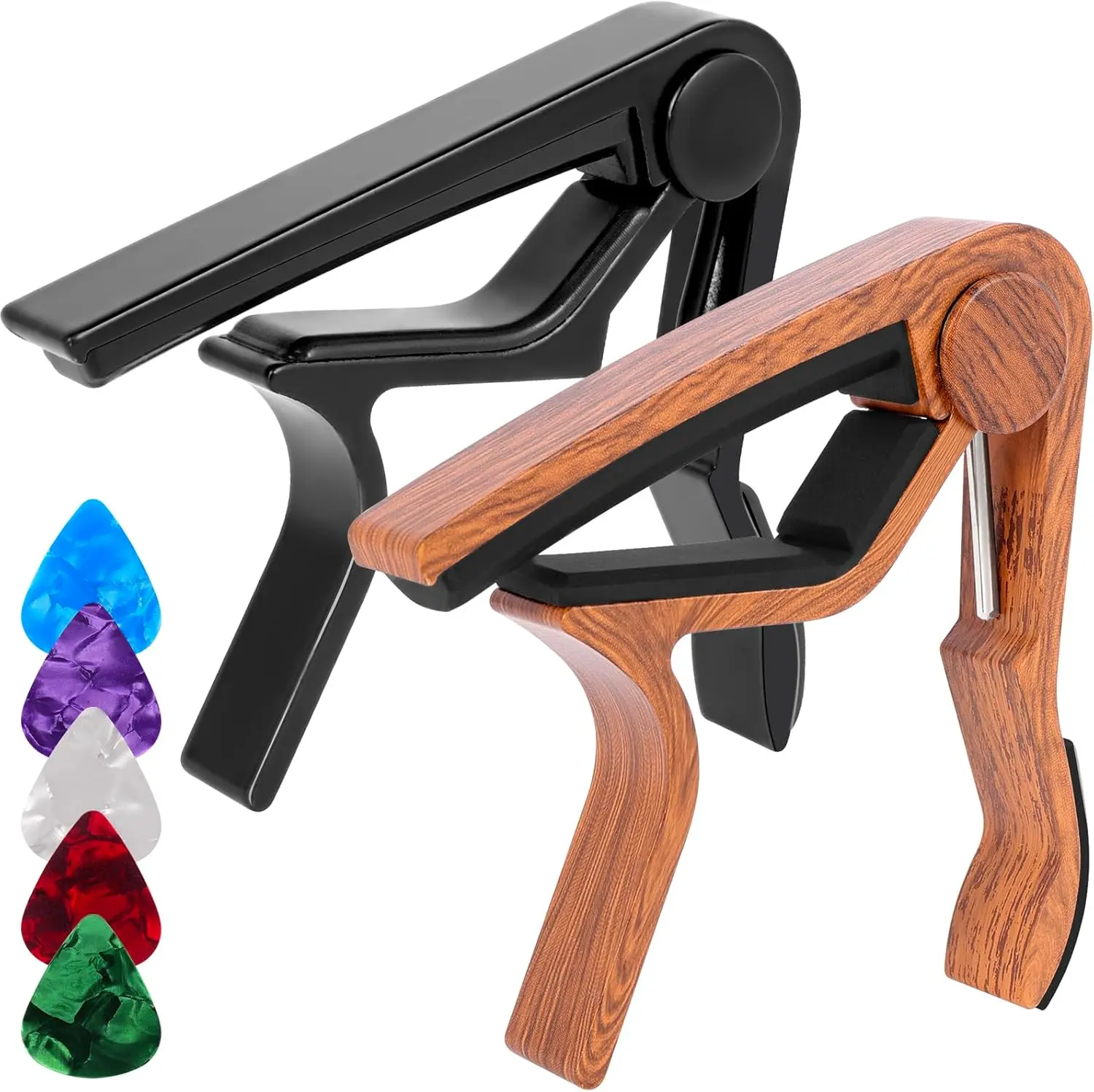 2-Pack Guitar Capo for Acoustic & Electric Guitar 6 String, Black & Wood Color Capo with 5 Picks
